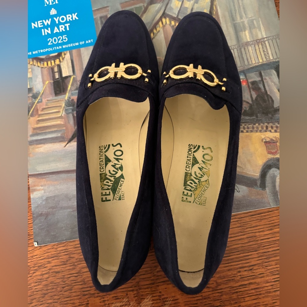 Salvatore Ferragamo Navy Blue Loafers with Gold Accents